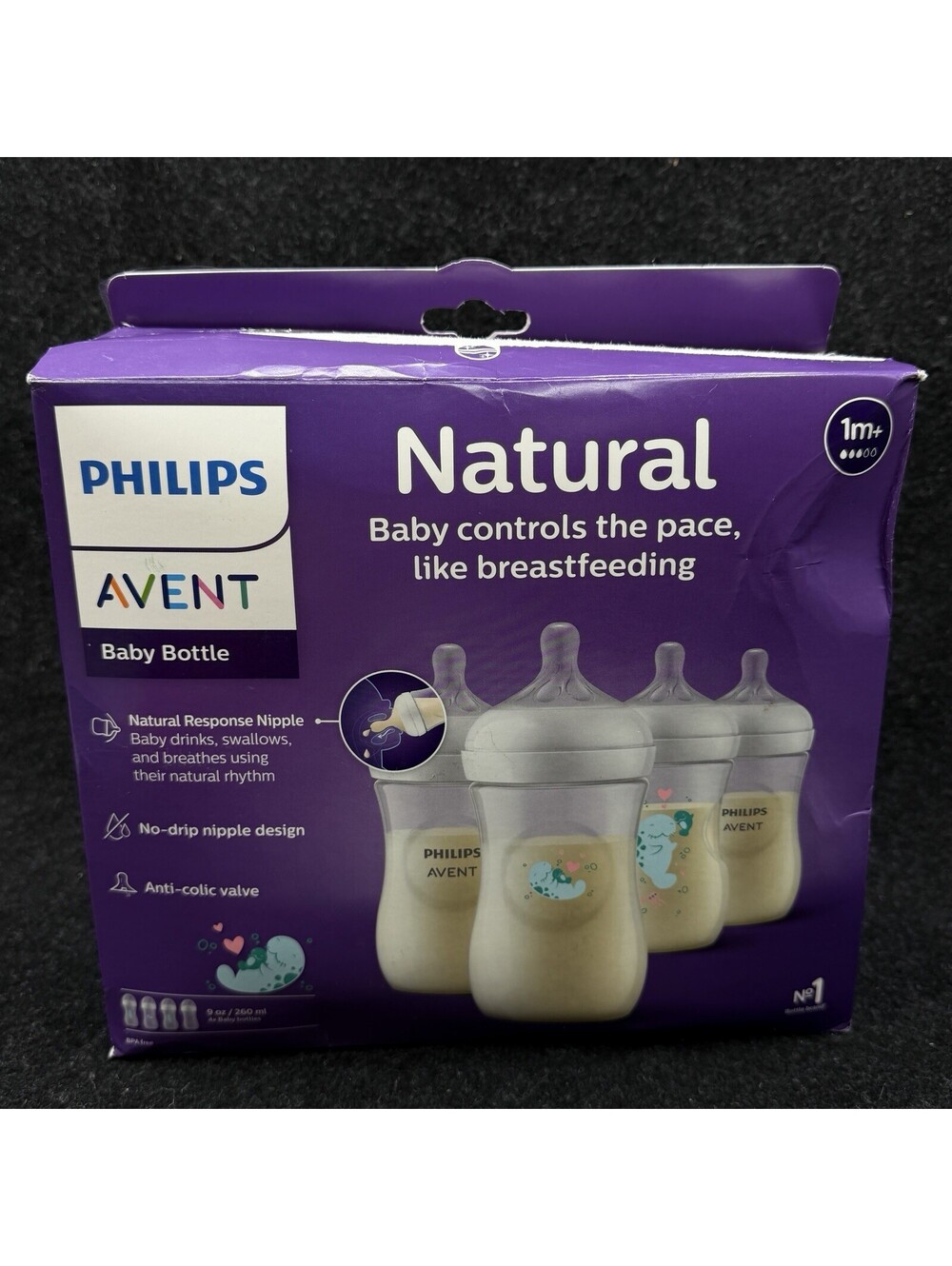 Philips Avent Natural 4 Baby Bottles Natural Response medium Flow 9oz Dino #1